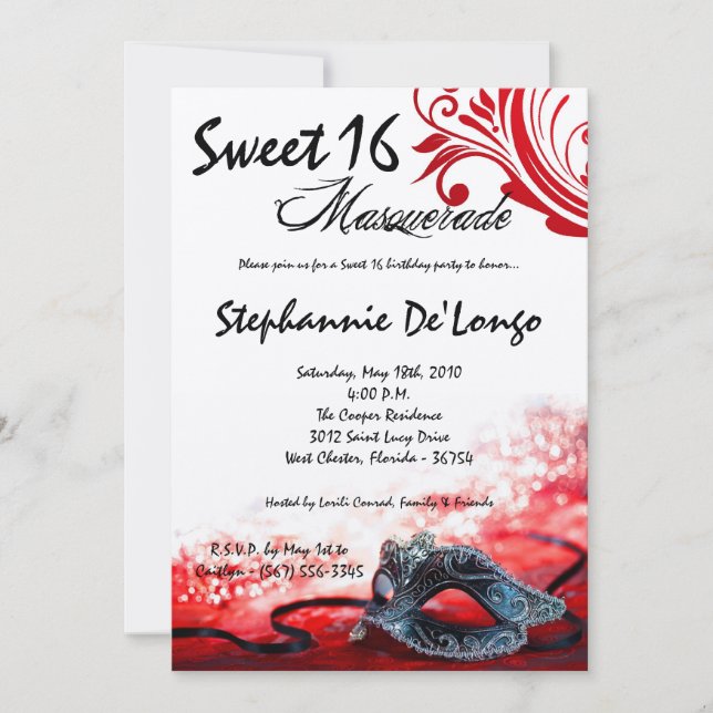 5x7 Red Masquerade Sweet 16 Birthday Invitation (Front)