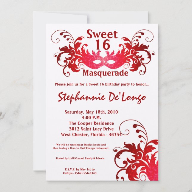 5x7 Red Masquerade Sweet 16 Birthday Invitation (Front)