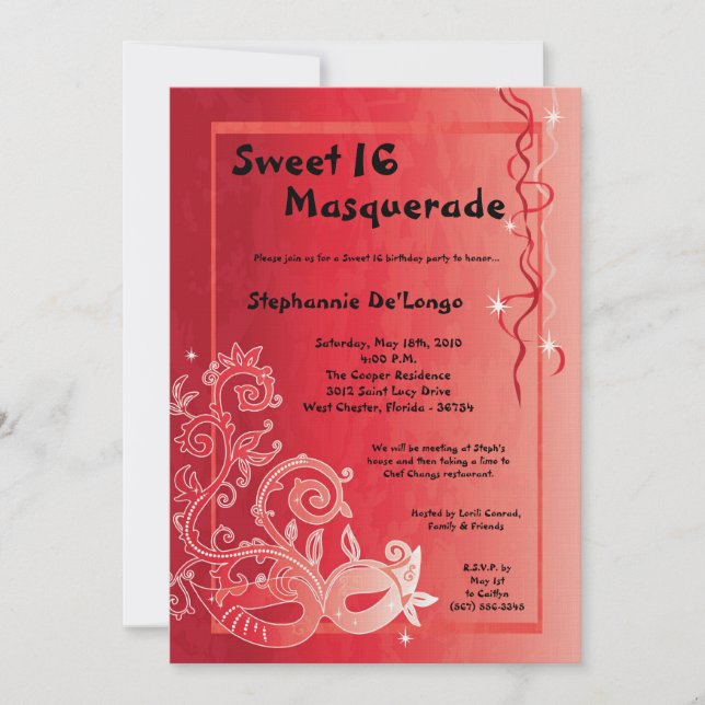 5x7 Red Masquerade Sweet 16 Birthday Invitation (Front)