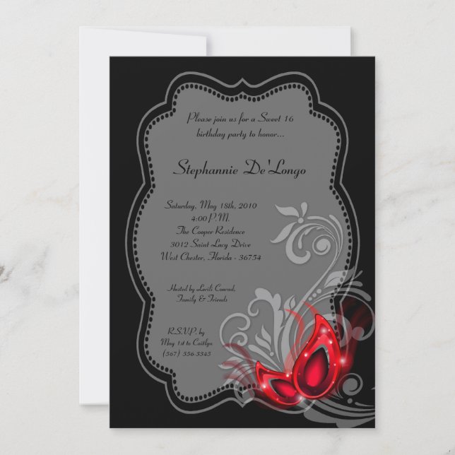 5x7 Red Masquerade Sweet 16 Birthday Invitation (Front)
