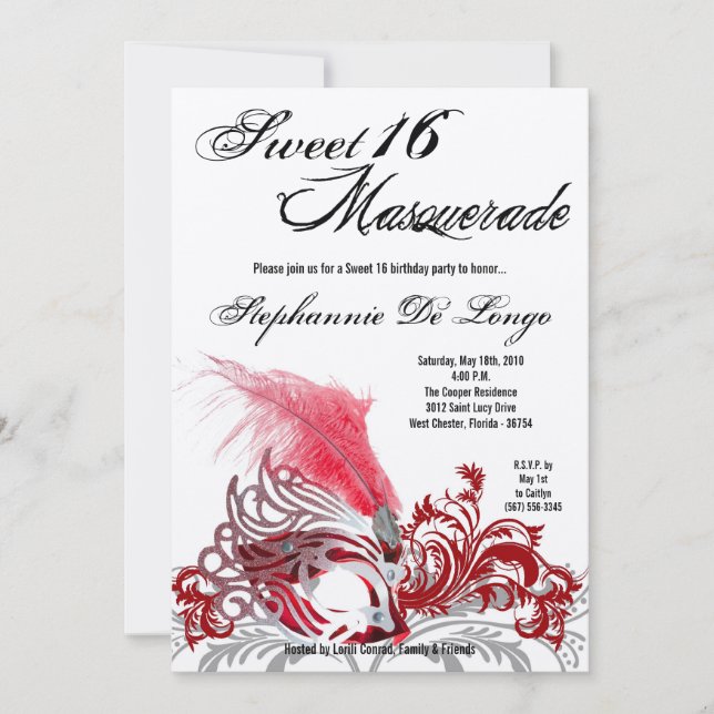5x7 Red Masquerade Sweet 16 Birthday Invitation (Front)