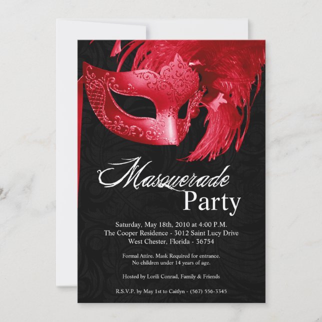 5x7 Red Masquerade Sweet 16 Birthday Invitation (Front)