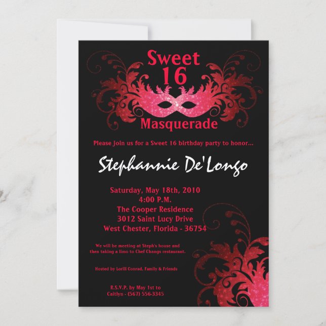 5x7 Red Masquerade Sweet 16 Birthday Invitation (Front)