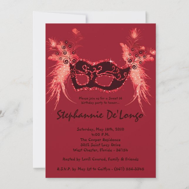 5x7 Red Masquerade Sweet 16 Birthday Invitation (Front)