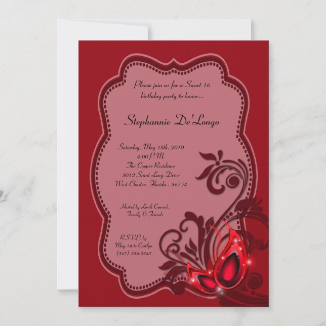 5x7 Red Masquerade Sweet 16 Birthday Invitation (Front)