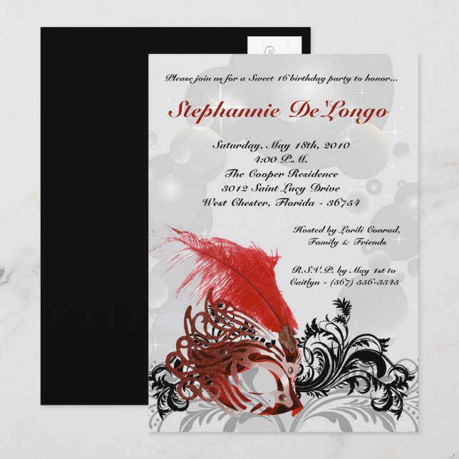 5x7 Red Masquerade Sweet 16 Birthday Invitation (Front/Back)