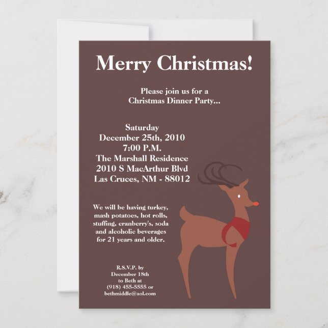 5x7 Red Nosed Reindeer Christmas Party Invitation (Front)