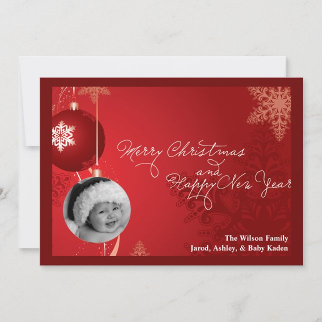 5x7 Red Ornament Snowflake PHOTO Christmas Card (Front)