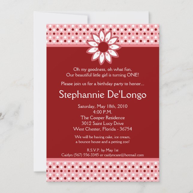 5x7 Red Polka Dot Flower Birthday Party Invitation (Front)