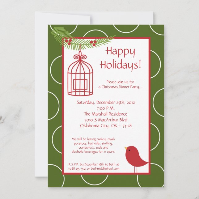 5x7 Red Robin Holly Christmas Party Invitation (Front)