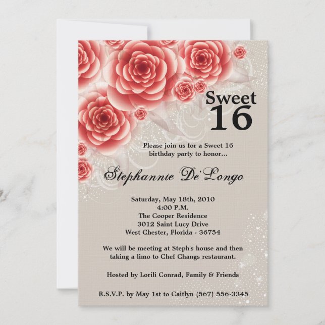 5x7 Red Roses Floral Sweet 16 Birthday Invitation (Front)
