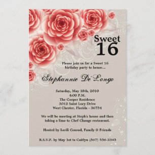 5x7 Red Roses Floral Sweet 16 Birthday Invitation