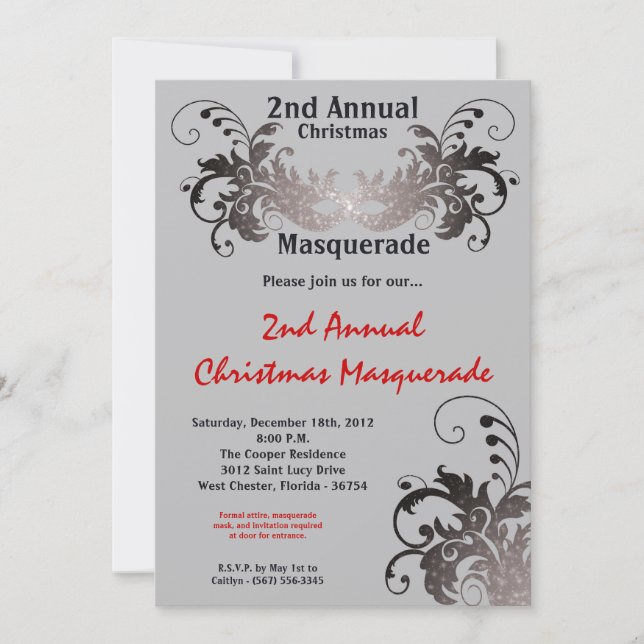 5x7 Red Silver Masquerade Christmas Invitation (Front)