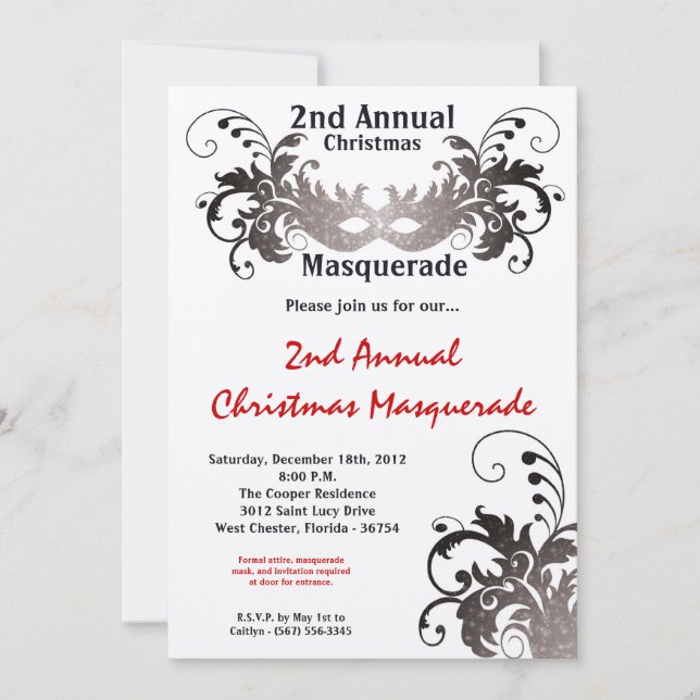 5x7 Red Silver Masquerade Christmas Invitation (Front)