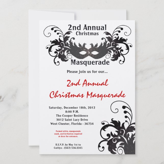 5x7 Red Silver Masquerade Christmas Invitation (Front)