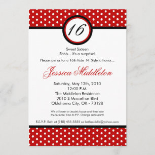 5x7 Red White Polka Dot 16th Birthday Invitation