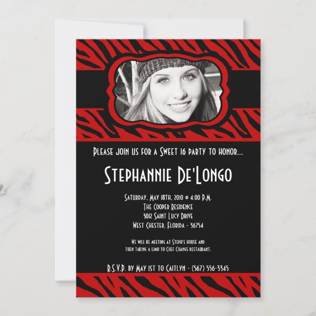 5x7 Red Zebra PHOTO Sweet 16 Birthday Invitation (Front)