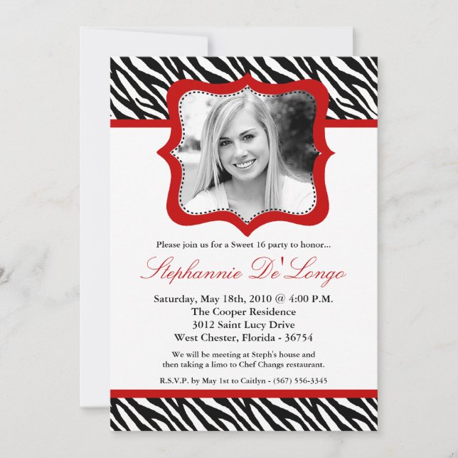 5x7 Red Zebra PHOTO Sweet 16 Birthday Invitation (Front)