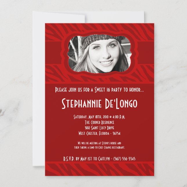 5x7 Red Zebra PHOTO Sweet 16 Birthday Invitation (Front)