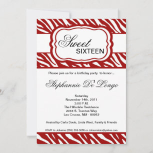 5x7 Red Zebra Print Birthday Party Invitation