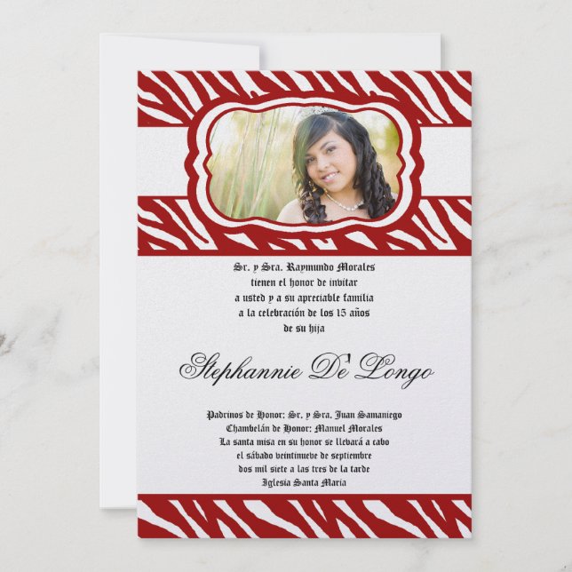 5x7 Red Zebra Print Patter Quinceanera Invitation (Front)