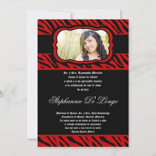 5x7 Red Zebra Print Quinceanera Invitation (Front)