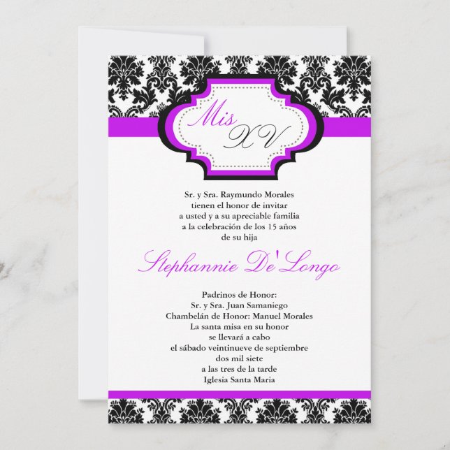 5x7 Royal Purple Damask Quinceanera Invitation (Front)