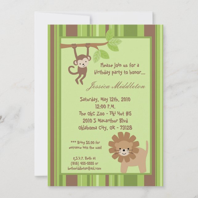 5x7 Safari Jungle Animal Birthday Party Invitation (Front)