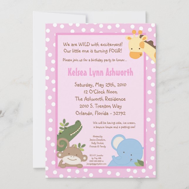 5x7 Safari Jungle Zoo Animal Birthday Invitation (Front)