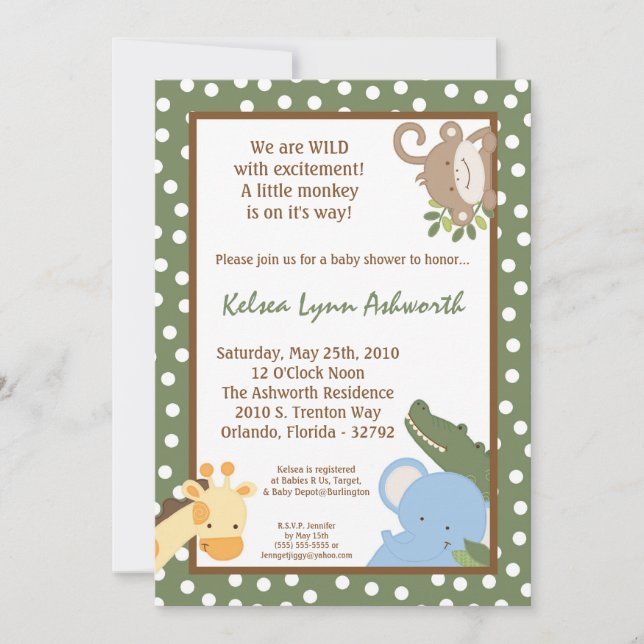5x7 Safari Jungle ZooAnimal Baby Shower Invitation (Front)