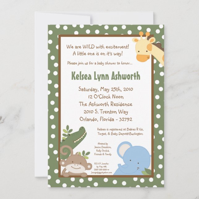 5x7 Safari Jungle ZooAnimal Baby Shower Invitation (Front)