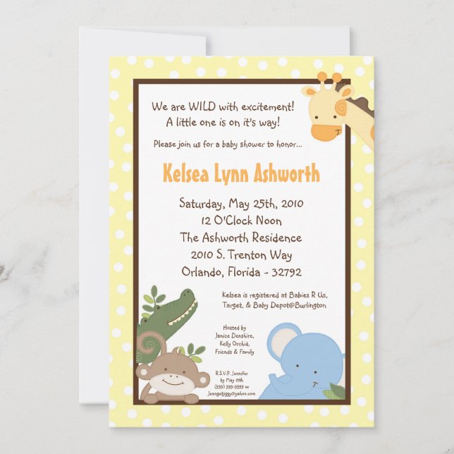 5x7 Safari Jungle ZooAnimal Baby Shower Invitation (Front)