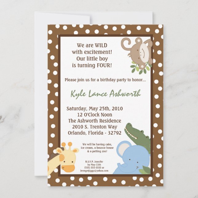 5x7 Safari Jungle ZooAnimal Birthday Invitation (Front)