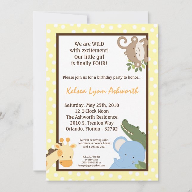 5x7 Safari Jungle ZooAnimal Birthday Invitation (Front)