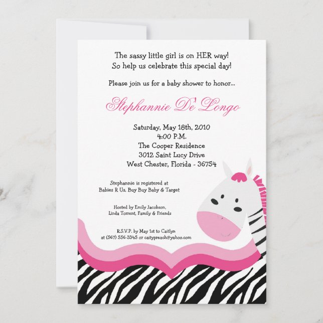 5x7 Sassy Pink Jungle Zebra Baby Shower Invitation (Front)