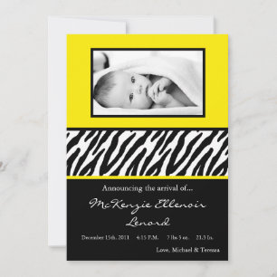 5x7 Sassy Yellow Zebra PHOTO Birth Announcement