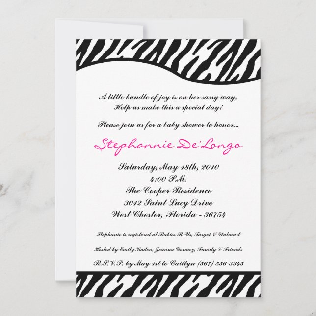 5x7 Sassy Zebra Print Baby Shower Invitation (Front)