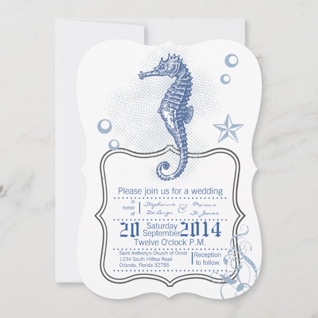 5x7 Seahorse Sea Ocean Beach Wedding Invitation (Front)