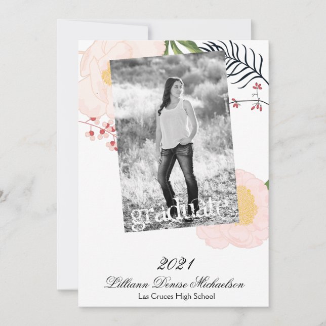 5x7 Senior Announcement Baby Pink Cosmos on White (Front)
