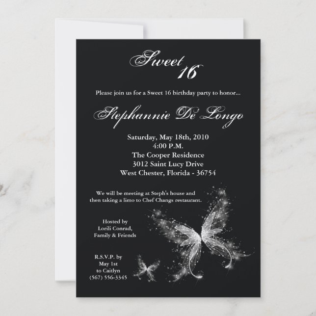 5x7 Sheer Butterfly Sweet 16 Birthday Invitation (Front)