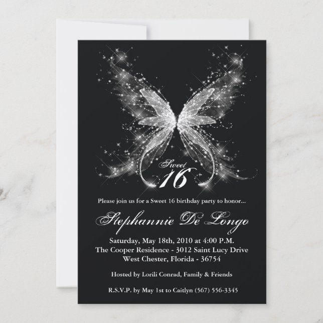 5x7 Sheer Butterfly Sweet 16 Birthday Invitation (Front)