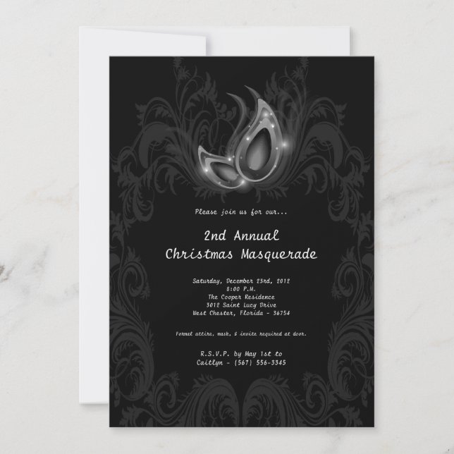 5x7 Silver Masquerade Christmas XMAS Invitation (Front)
