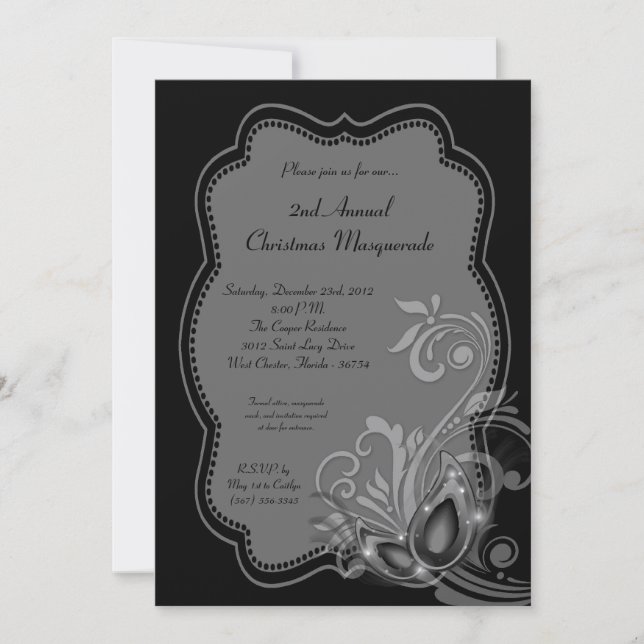 5x7 Silver Masquerade Christmas XMAS Invitation (Front)