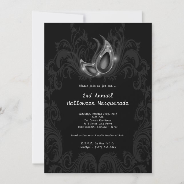 5x7 Silver Masquerade Halloween Costume Invitation (Front)