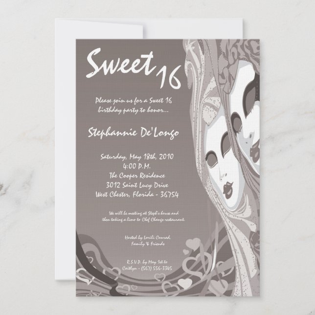 5x7 Silver Masquerade Sweet 16 Birthday Invitation (Front)