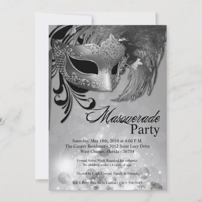 5x7 Silver Masquerade Sweet 16 Birthday Invitation (Front)