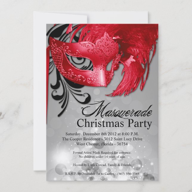 5x7 Silver Red Masquerade Christmas Invitation (Front)