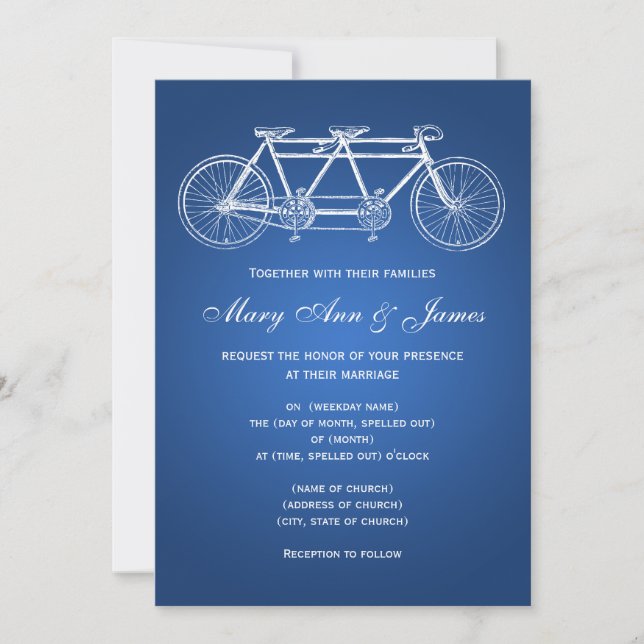 5x7 Simple Wedding Tandem Bike Blue Invitation (Front)