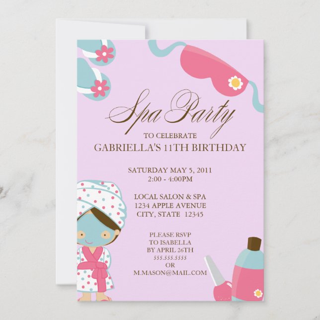 5x7 Spa Party Birthday Party Invitation (Front)