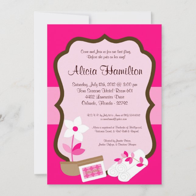 5x7 Spa Retreat Pink Bachelorette Invitation (Front)